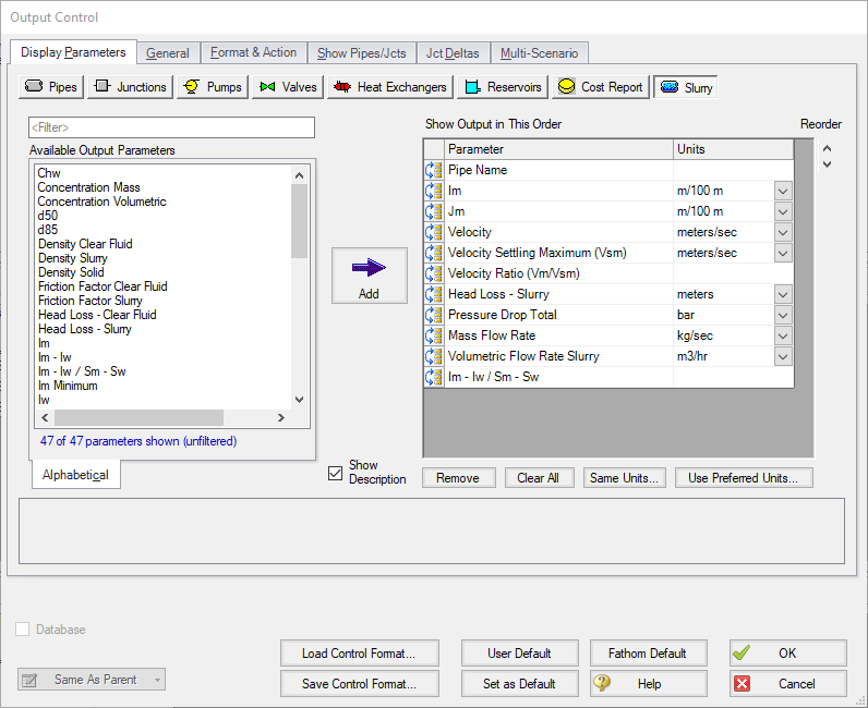 The slurry output parameters in the Output Control window.